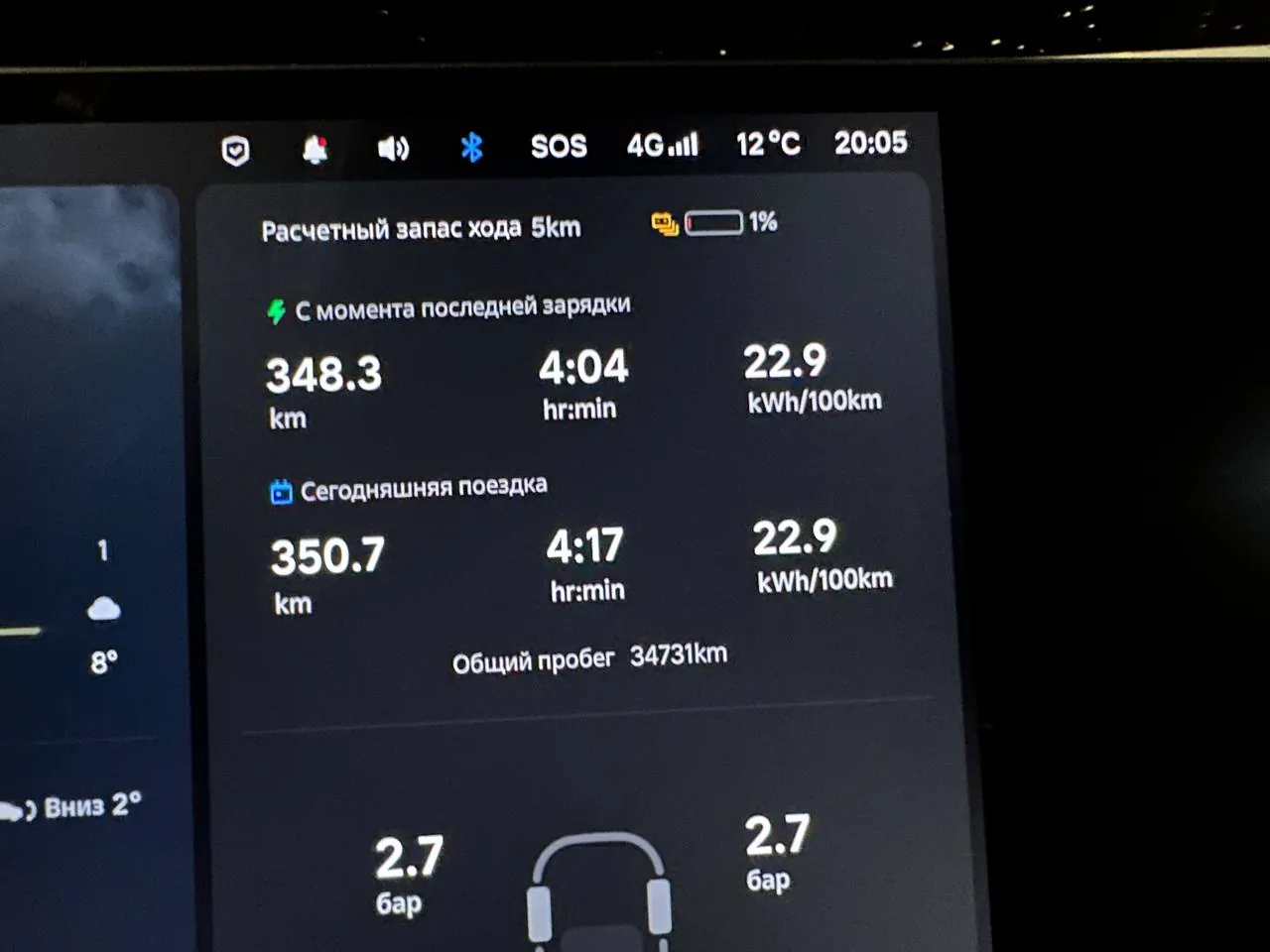 Экран Li Auto i8: 348,3 км, 4 ч 04 мин, 22,9 кВт·ч/100 км и заряд 1%.